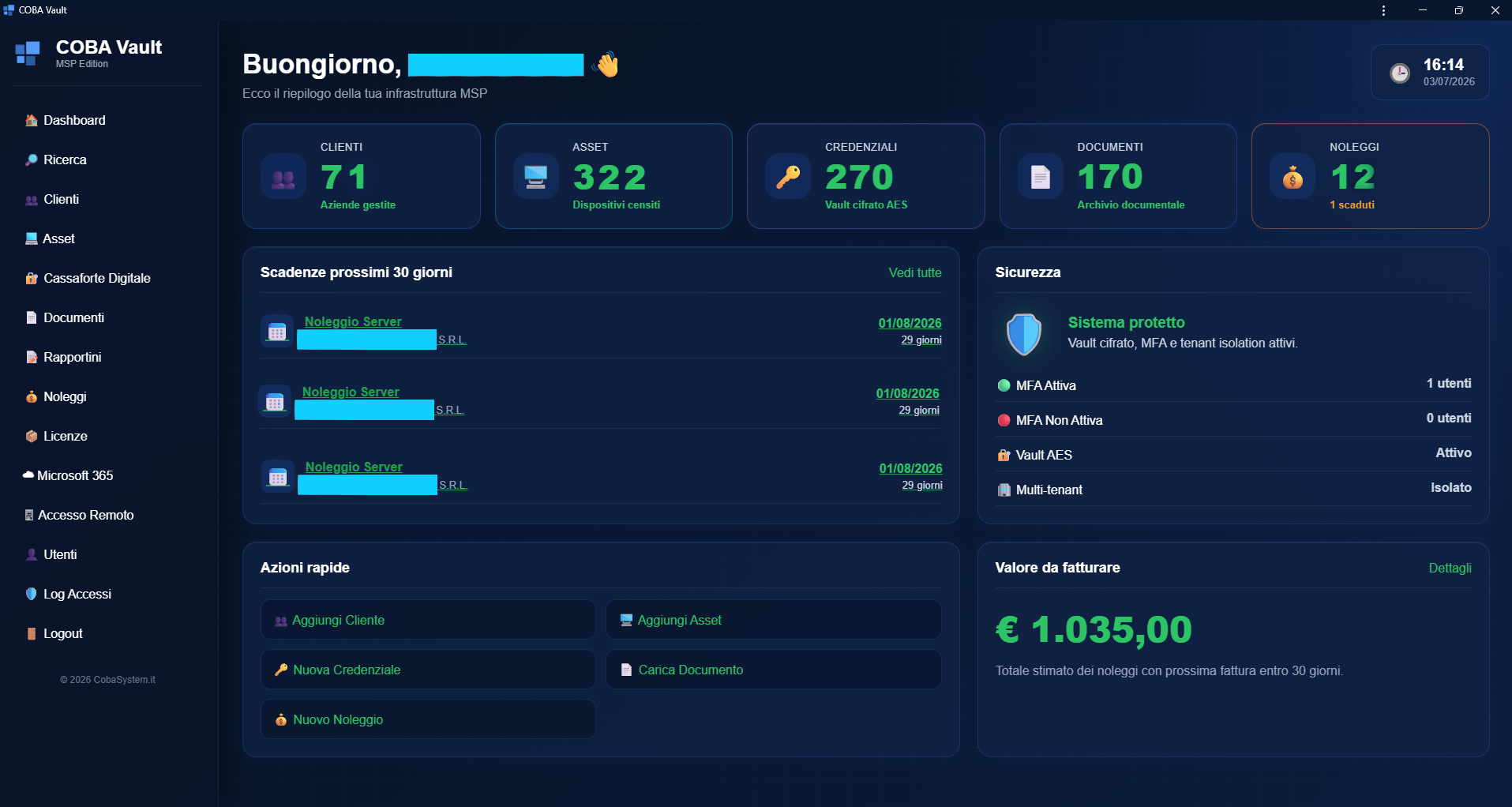 Dashboard COBA Vault per tecnici IT